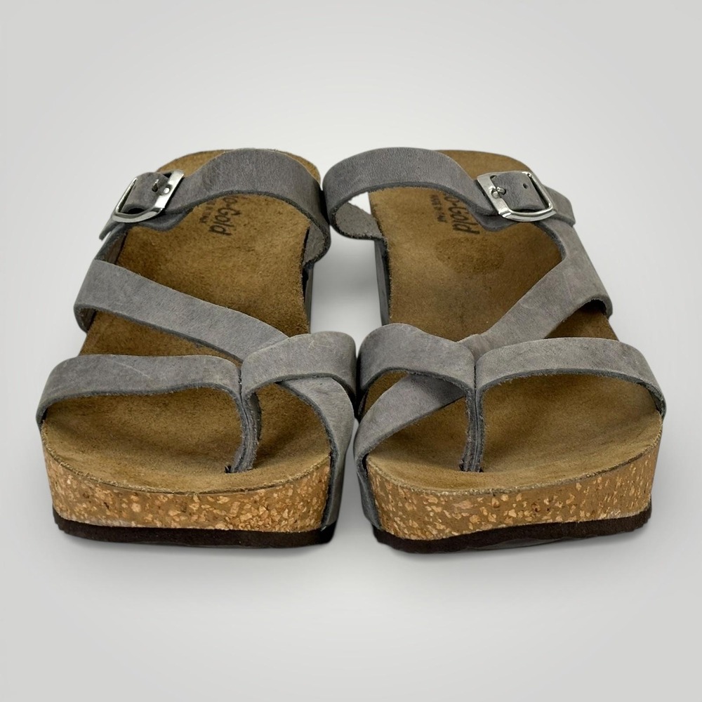 Bio-Gold Gray Suede Cork Wedge Sandals Womens 8 Italy Thong Comfort Shoes - Picture 2 of 14